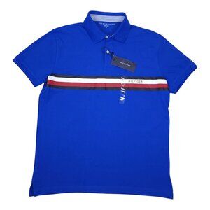 Tommy Hilfiger Mens Blue Polo Shirt Signature Stripe & Button Closure Medium